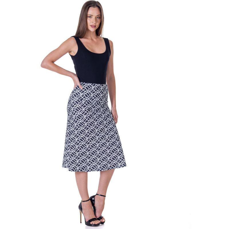 24seven Comfort Apparel Black Geometric Print Comfortable Elastic Waist Knee Length Skirt, 5 of 7