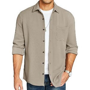 COOFANDY Men's Lightweight Shirt Shacket Long Sleeve Textured Button Down Shirts Casual Jacket Khaki L - 1 of 1