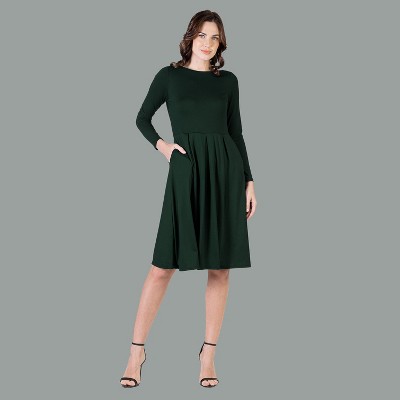 24seven Comfort Apparel Womens Long Sleeve Midi Length Fit N Flare Pocket Dress
