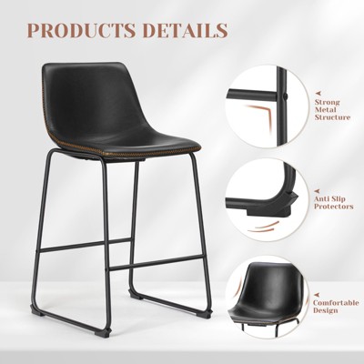 Black Faux Leather and Metal Counter Height Bar Stools, Set of 2
