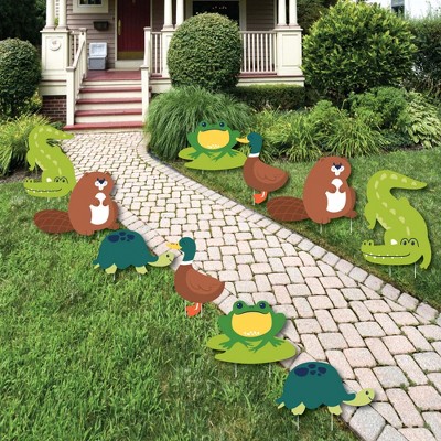 Big Dot of Happiness Pond Pals - Lawn Decor - Outdoor Frog, Alligator, Turtle, Beaver & Duck Birthday Party or Baby Shower Yard Decorations - 10 Piece