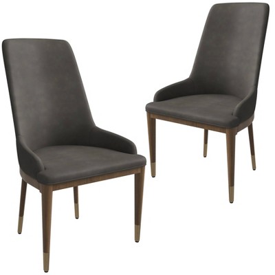 LeisureMod Upholstered Dining Side Chair in Leather with Rubberwood Legs Viva Series Set of 2
