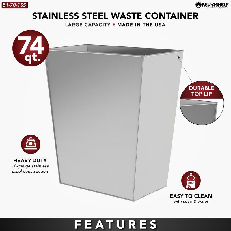 Rev-A-Shelf 74 Quart Stainless Steel Waste Container Wall Hugger Open Garbage Can Bucket for Indoor Home Kitchens, Silver, 51-701-SS, 2 of 7