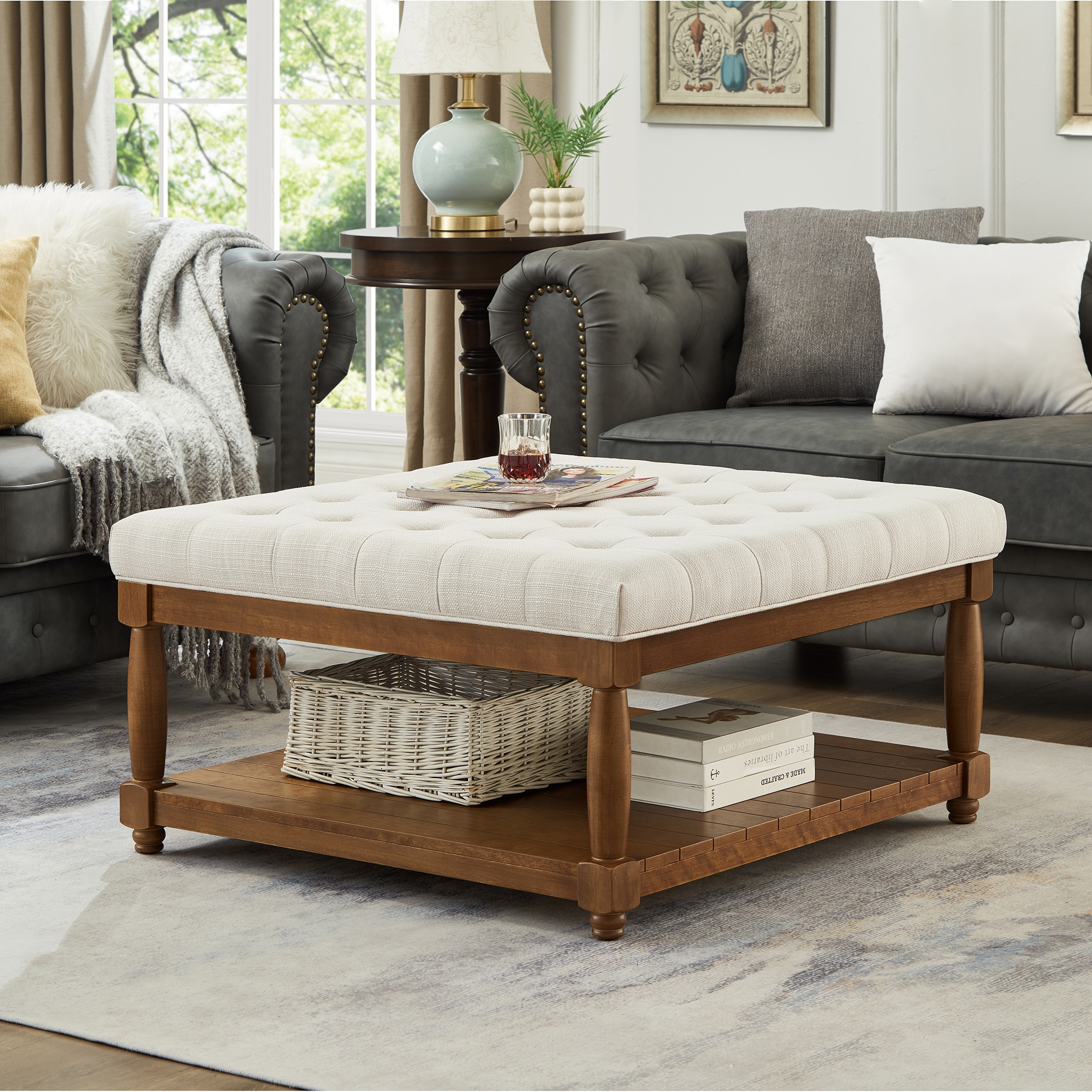 GDFStudio Chloe Modern Wooden Square Linen Upholstered Tufted Ottoman with Shelf Storage, Ivory