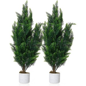 Set of 2 Realistic Artificial Cedar Topiary Trees,3FT UV Resistant Faux Spiral Pine Shrubs in Cement Planters for Porch, Entryway & Office Decor - 1 of 4