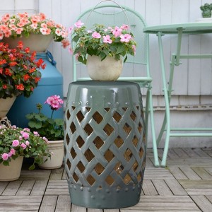 CAVINAS 13"x18" Ceramic Outdoor Small Side Table, Woven Lattice Outdoor Furniture Table, Outdoor Coffee Tables for Garden, Patio - 1 of 4