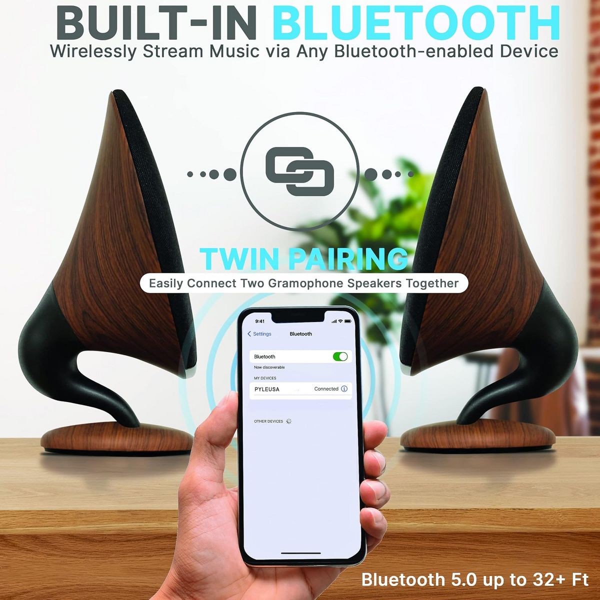 Pyle Wireless BT Streaming Gramophone Speaker with Built-In Subwoofer - Oak Finish - thumbnail 5