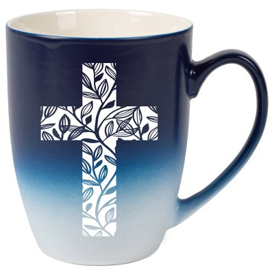Elanze Designs Cross Leaf Two Toned Ombre Matte Navy Blue and White 12 ounce Ceramic Stoneware Coffee Cup Mug