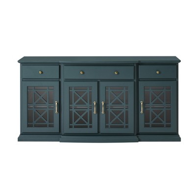 TiramisuBest Classic Fretwork Glass-Door Sideboard with Detailed Design, Elegant Storage Cabinet for Living Room, Dining Room, Dark Teal