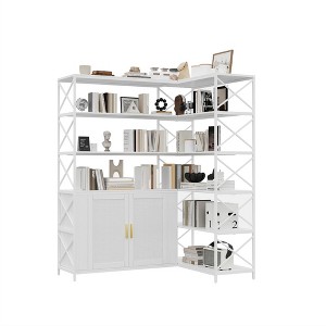 6 Tier Corner Bookshelf, Large Farmhouse Bookcase, Vintage Etagere L Shaped Book Shelf with Sturdy Metal Frame and 2 Rattan Doors Cabinet - 1 of 4