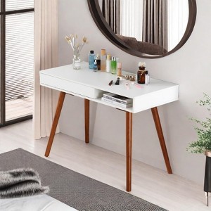 42 in Mid Century Home Office Writing Desk, Modern Simple Computer Desk with Drawer and Open Storage Cubby, Small Vanity Table Desk for Bedroom - 1 of 4