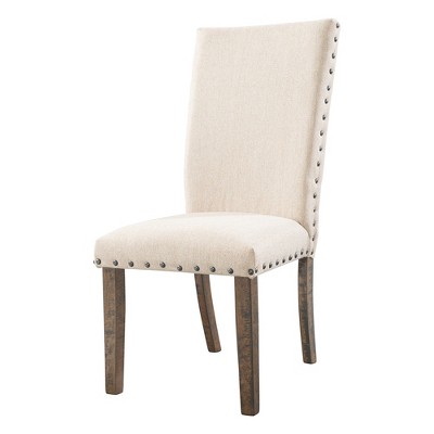 Rustic Cream Linen Upholstered Side Chair with Smokey Walnut Legs