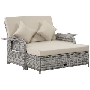 Outsunny Patio Rattan Daybed with Cushions, Wicker Outdoor Bed Lounger w/ Loveseat, Storage Ottoman, Coffee & Side Tables - 1 of 4