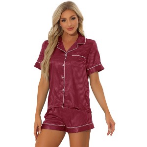 cheibear Women's Silky Satin Button Down Shirt with Shorts Sleepwear Pajama Sets - 1 of 4