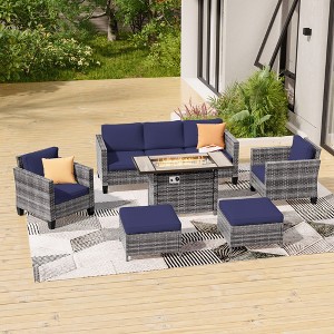 Sonkuki 6 Pieces Patio Sofa with Rectangle Fire Pit Table and Ottomans, Wicker Conversation Couch, Navy Blue Cushion - 1 of 4