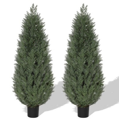 coucheta 5 FT Artificial Cedar Topiary Trees – Realistic UV-Resistant Outdoor Faux Plants Set of 2, Perfect for Front Porch Decor, Living Room