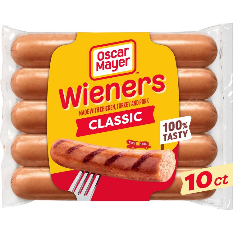 Package of Oscar Mayer Wieners with 10 hot dogs, labeled "Classic" and "100% Tasty," made with chicken, turkey, and pork.