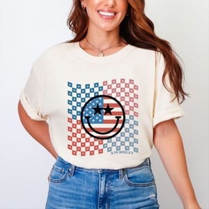 S.W.Smiley Checkered Patriotic Smiley Face - Women's Garment Dyed Graphic T-Shirt - 1 of 4