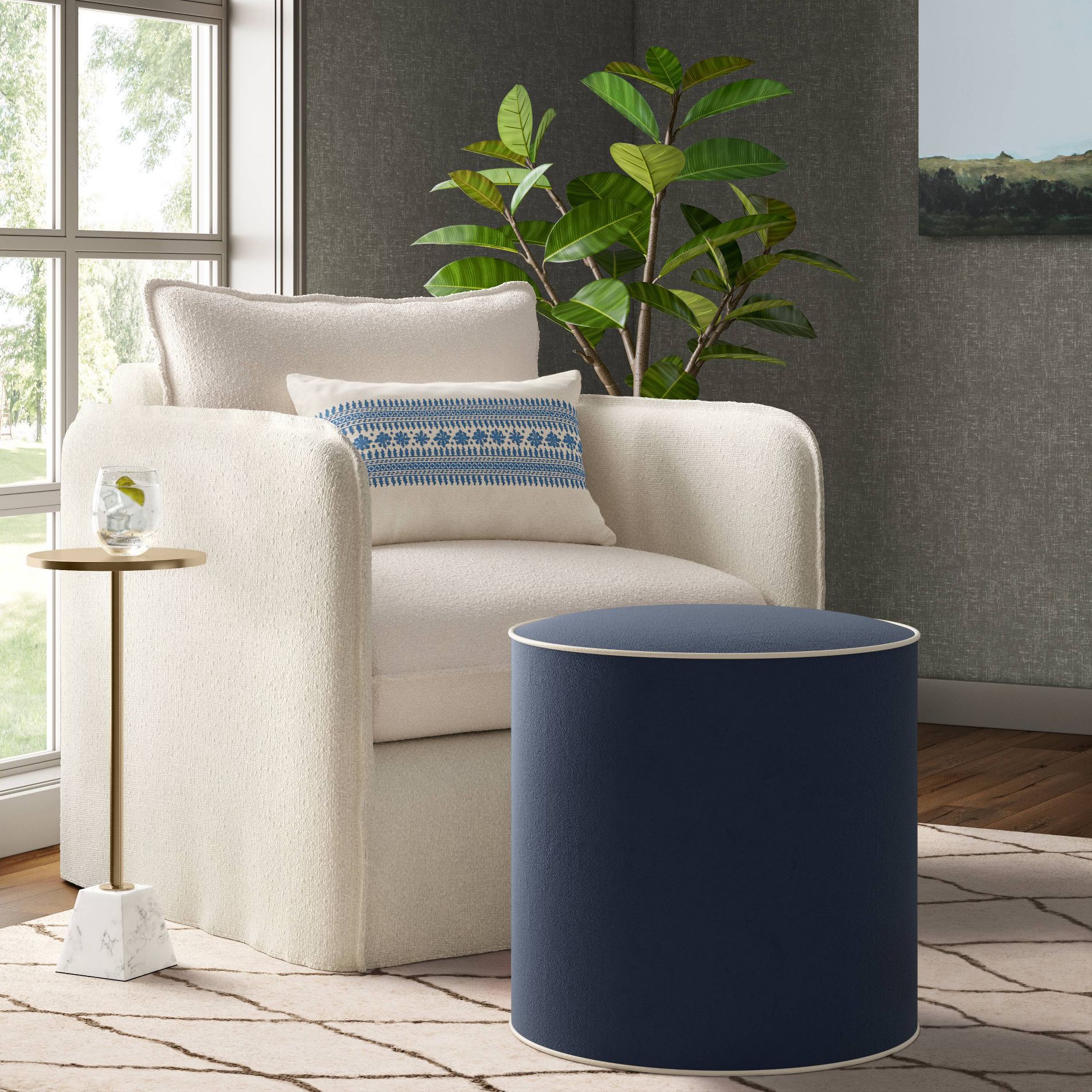 Contrast Welt Drum Ottoman in Velvet Ink Pearl Welt - Threshold™