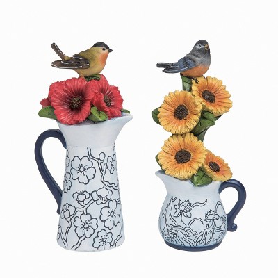 Transpac Resin Pitcher w/Bird Decor Set of 2 Spring Home Decorations