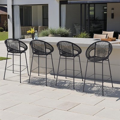 Set of 4 Outdoor Patio Barstools,Faux Wicker Bar Stools with Iron Frame,Modern Woven Bar Chairs for Garden or Balcony-Cuddlewood