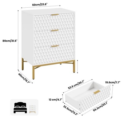 White Honeycomb 3 Drawer Dresser with Gold Accents
