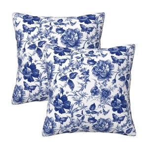 Blue and White Porcelain Floral Butterfly Pillow Covers 18x18 in Vintage Chinoiserie - 1 of 3