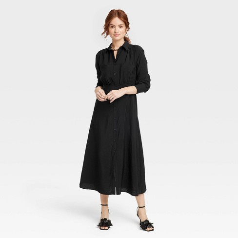 Women's Long Sleeve Collared Midi Crepe Shirtdress - A New Day™ Black S