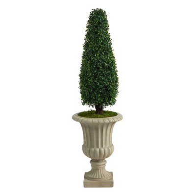 4' Indoor/Outdoor Boxwood Tower Artificial Topiary Tree in Urn Sand/Green - Nearly Natural