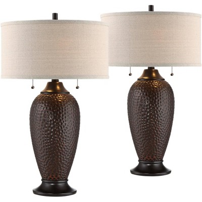 360 Lighting Rustic Farmhouse Table Lamps Set of 2 with Table Top Dimmers Hammered Bronze Oatmeal Linen Drum Shade for Living Room