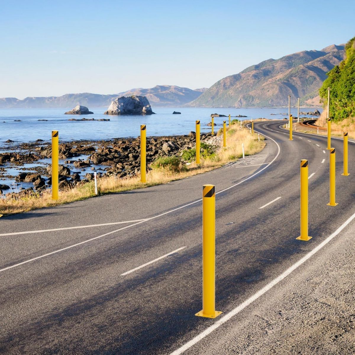 2 Packs 42in Safety Bollard Post,4.5in Diameter Yellow Steel Traffic Bollard with 8 Anchor Bolts, Parking Pole for Driveway Barrier Traffic Control - thumbnail 3
