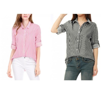 Allegra K Women's Striped Button Down Roll-up Long Sleeves Point Collar Shirt 2 Packs