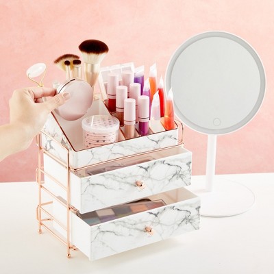 Glamlily White Marble Makeup Organizer with Rose Gold Trim, Cosmetic Storage Drawers for Vanity (9.5 x 9.5 x 5.5 in)