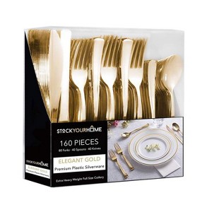 Gold Plastic Silverware Set (160-Pack) ? Disposable Heavy Duty Cutlery, 80 Forks, 40 Knives, 40 Spoons for Parties, Weddings, Dinners & Holidays - 1 of 4