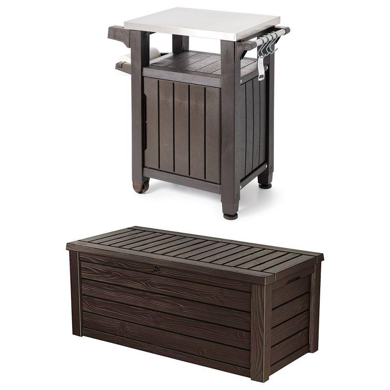 Keter Unity 40 Gallon Stainless Steel Top Grilling Bar Cart with Westwood 150 Gallon Plastic Outdoor Furniture Storage Deck Box, Brown, 1 of 7