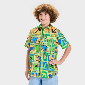 Boys' Minecraft Woven Button-Up Shirt - Mint Green - 1 of 3