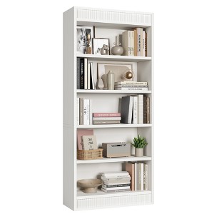71" Farmhouse Bookcase w/ Double Fluted Design, 5 Tier Tall Bookshelf with Wooden Base, Rustic Vintage Wooden Bookshelf for Office Library - 1 of 4