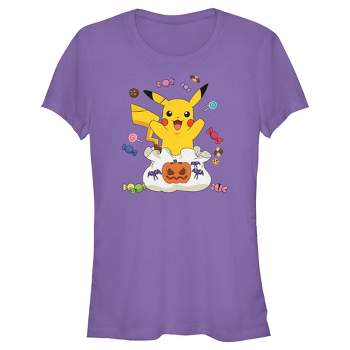 Juniors Womens Pokemon Halloween Pikachu Bag of Candy T-Shirt