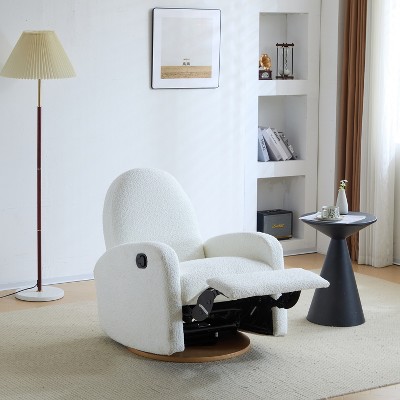 Beige Boucle Swivel Glider Recliner with Manufactured Wood Base