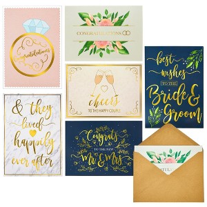 Juvale 24 Pack Wedding Cards for Bride and Groom with Envelopes, Engagement Congratulations, 6 Gold Foil Designs, 5x7 In - 1 of 4