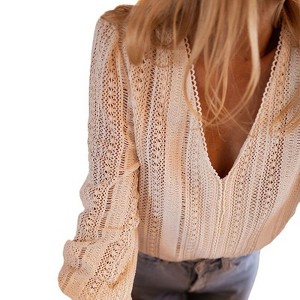 Coolmee Women's Long Sleeve Tops Eyelet Lace V Neck Blouse Casual Loose Fashion Shirts - 1 of 4
