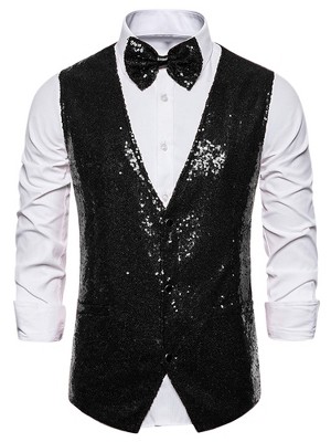 Lars Amadeus Men's Sequin Shiny Slim Fit Sleeveless Suit Waistcoat Set with Bow Tie