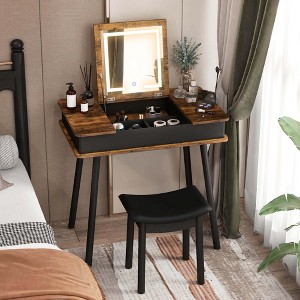 Costway Vanity Table Set w/ Flip Top Mirror Lights USB Port Cushioned Stool Writing Desk - 1 of 4