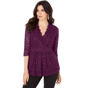 Roaman's Women's Plus Size Surplice Lace Top - 1 of 4