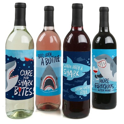 Big Dot of Happiness Shark Zone - Jawsome Shark Viewing Week Party Decorations for Women and Men - Wine Bottle Label Stickers - Set of 4