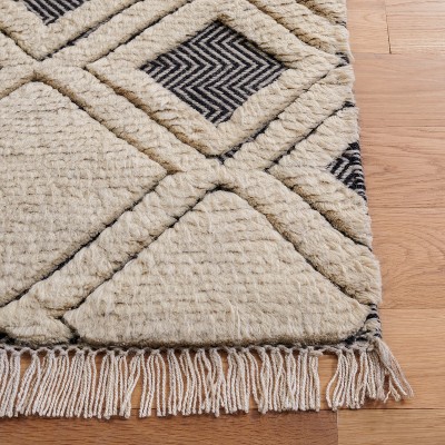 Ivory and Black Hand-Knotted Wool Geometric Area Rug