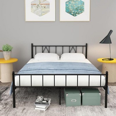Large 35.56 cm Metal Bed Frame with Iron Headboard, Underbed Storage, No Box Spring, Black