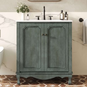 ORRD 30" Vintage Bathroom Vanity, Antique Blue, Rectangle Sink, Rubber Wood Legs, Adjustable Shelves, Metal Handles - 1 of 4