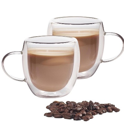 Double Walled Insulated Glasses Set of 2 - Clear Coffee Mugs with Handles, Durable Lightweight Glass - 8.5 OZ