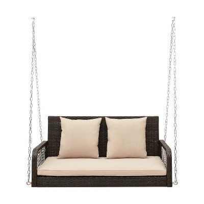 Garden Swing Chair with Cushion Cream Oxford Fabric and Steel2-Person Outdoor Wicker Porch Swing with Seat and Back Cushions